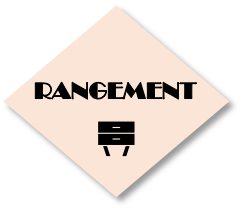Losange couleur chair avec une icone de meuble et le mot rangement pour illustrer la rubrique rangement