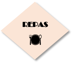 Losange couleur chair avec une icone d'assiette et couverts et le mot "repas" pour illustrer la rubrique "préparation des repas"